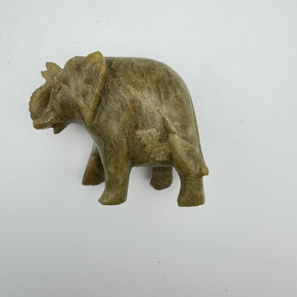 Carved Green Elephant Figurine Trunk Up Good Luck Jade Color 2.5"